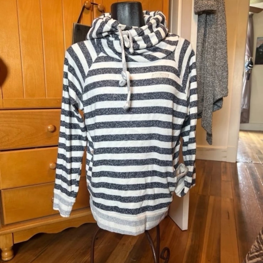 Striped Cowl Neck Hoodie Cream Blue Elbow Patch Pullover Small